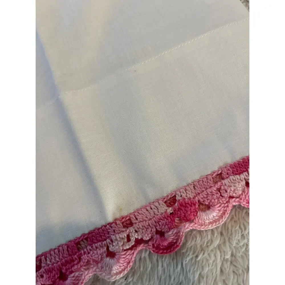 Vintage Pillow Cases 42x36 White Pink Crochet Trim Strong Muslin Cottagecore
